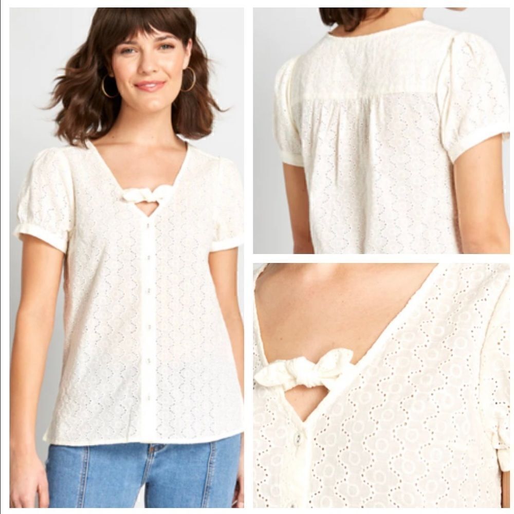 Modcloth Polished Touch Cotton Eyelet Blouse Puff Sleeves Tie Front Ivory S